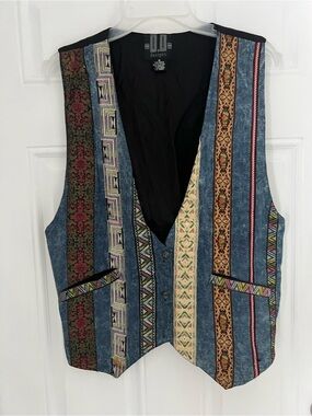 D.D. Designs Vest Womens Med Blue Denim Tapestry Metallic Retro Boho Vintage 676